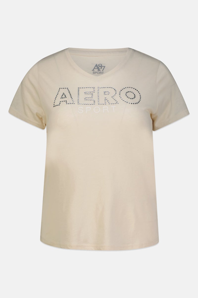 Aeropostale تي شيرت تدريب قصير الأكمام للنساء بحجم كبير، بيج - Image 2